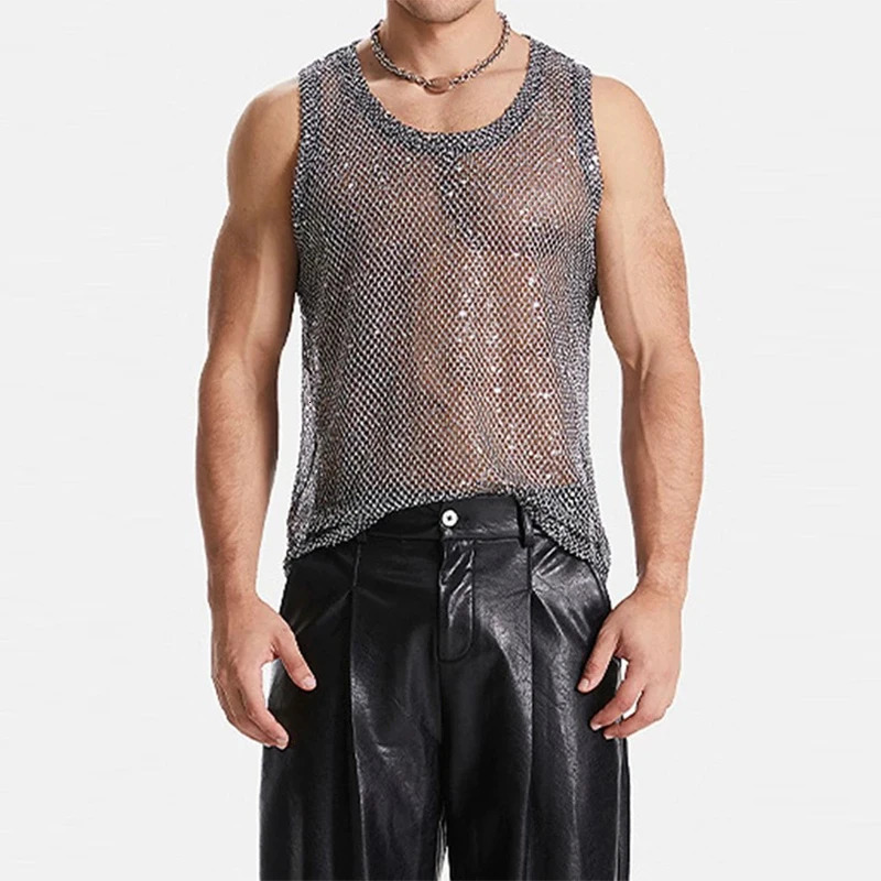 Mens Hollow Out Mesh Tank Tops Fashion Vests Tassel Sleeveless Streetwear Heavy Craft Perspective Sexy Performance Nightclub 250402