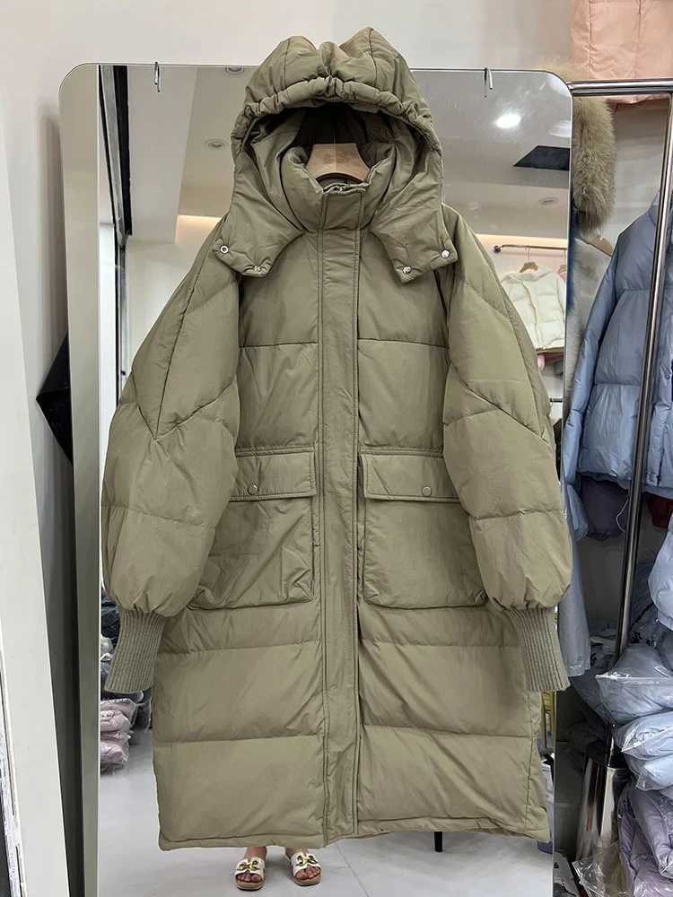 Winter Loose Warm Hooded Long Down Jacket Women White Duck Down Knee Length Down Jackets Female Big Pocket Thick Parker Outwears J251104