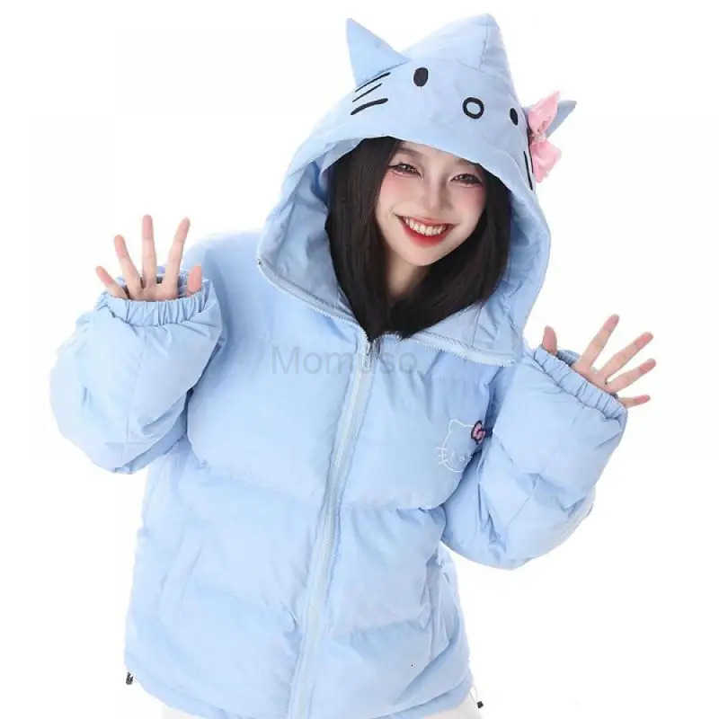 Sanrio Hello Kittys Women Down Jacket Sanrios Girls Winter Thickened Hooded Coat Cute Student Embroidery Tops Loose Warm Cotton Clothes H251104