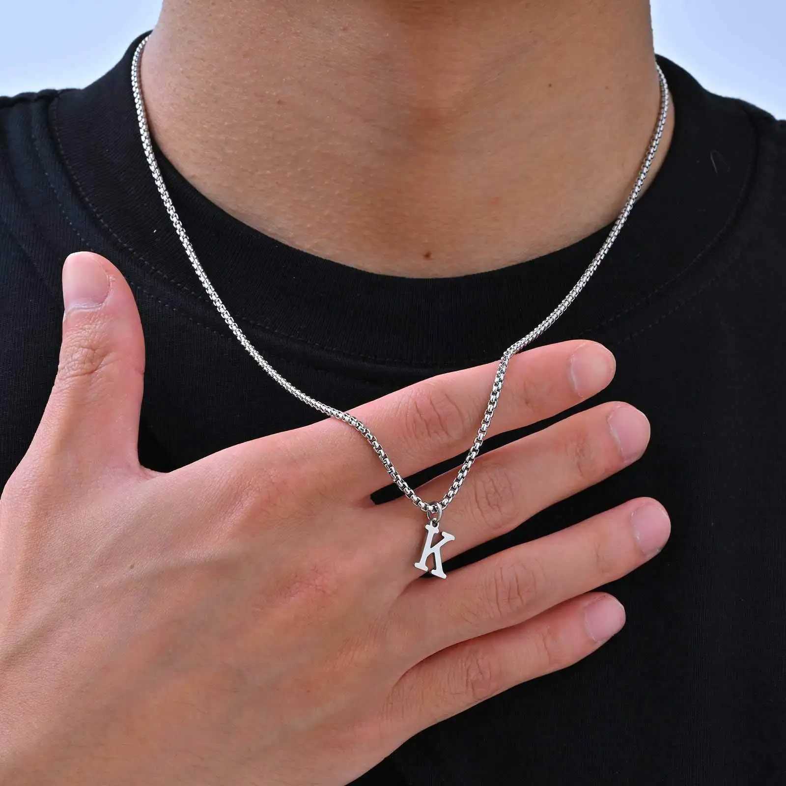 A-Z Initial Letters Men NecklacesStainless Steel Simple Initial Collar with Box ChainStylish Jewelry GiftsXJ251104