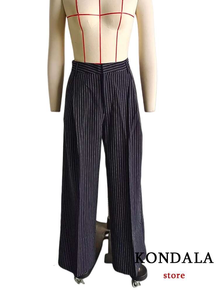 KONDALA Office Lady Striped Blazer Suits Women Fashion 2023 Summer V Neck Sleeveless Blazer+High Waist Wide Leg Long Pants Sets