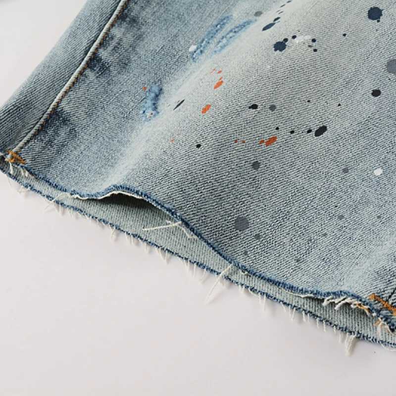 Irregular Color Inkjet Mens Denim Shorts Summer High Strt Stretch Straight Pants American Unisex Strtwear X250403