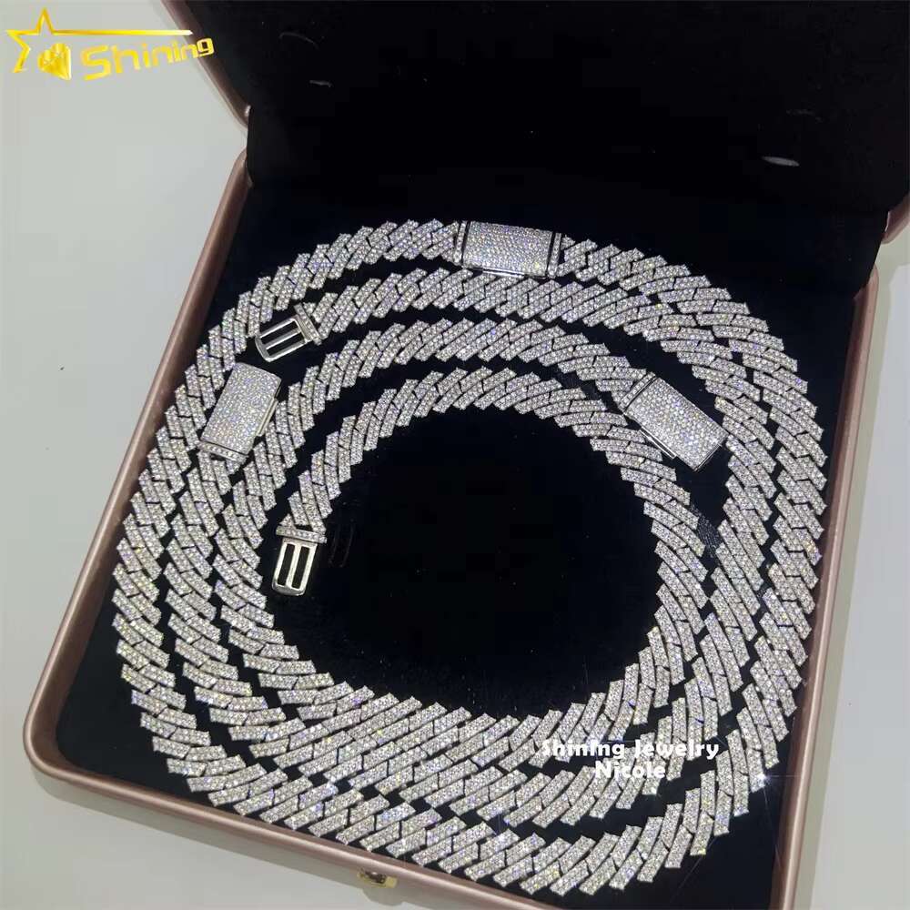 Custom Bling 925 Sterling Silver Miami Cuban Link 13mm Width Moissanite Cuban Chain Necklace