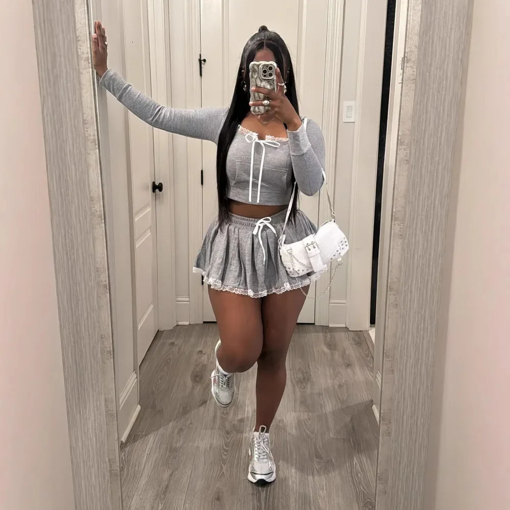 FF1391 Lace Patchwork Short Hoodie Sexy Set Womens Half Skirt Casual Two-Piece Set Streetwear Trendy Ensemble 250403