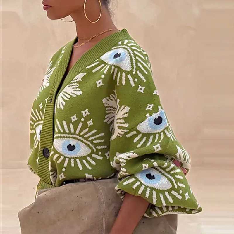 Vintage Geometric Print Sweater Cardigan Woman Elegant Single Breasted V Neck Jacket Autumn Long Sleeve Loose Knitwear Top Mujer J251103