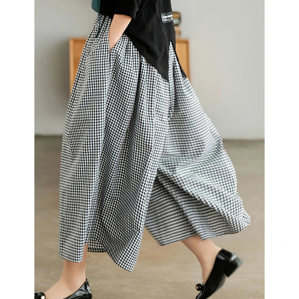 2025 Spring Elegant Plaid Pants Thin Cotton Linen Wide Leg Trousers Woman Dress Women High Waist Sweatpants Baggy Jogger Pants 250403