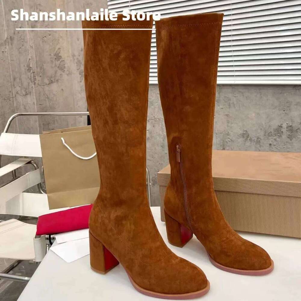 2025 Newest Winter New Women's Genuine Leather Sensual Style Red Bottom Knee Boots High Heel Zapatos De Mujer