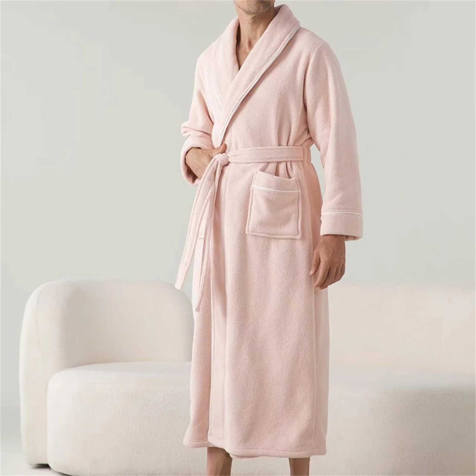 HEZIOWYUN Mens Plush Thicken Long Bathrobe Shawl Collar Soft Long Sleeve Lapel Spa Robe with Belt Winter Warm Robes Bath Shower C251104