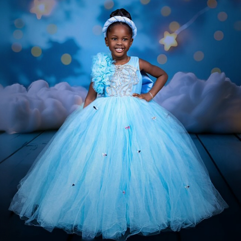 2025 Aso Ebi Blue Flower Girl Dresses Children Birthday Dress Illusion Sheer Neck Rhinestones Beaded Lace Tiered Tulle Princess Queen Ball Gown For Ma