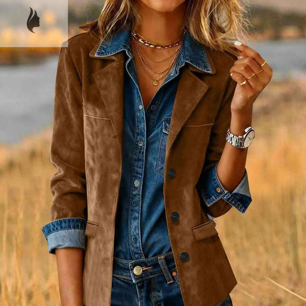 hoodie hoodie Vintage Brown Suede Blazer Jacket Women Winter Autumn Fashion Turn Down Collar Long Sleeve Outerwear High Street Chic Coats jacket jacke