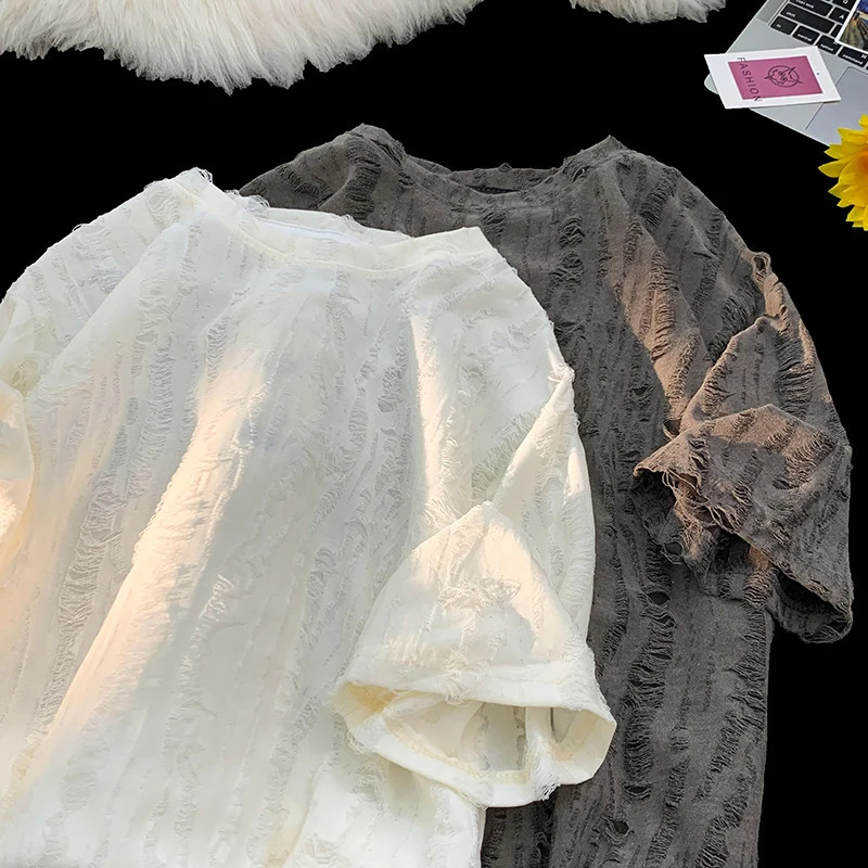 Niche Hollow Hole Short Sleeve T-shirt Mens Street Hip Hop 1/3 Sleeve Trendy Loose American Couple Fashion Top City 250403