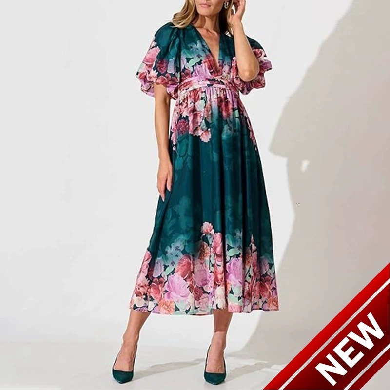 2025 new womens clothing intellectual and elegant V-neck long printed dress