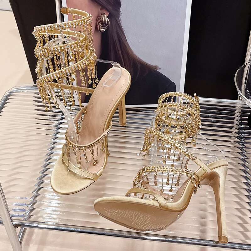 Golden Fashion Rhies Peep Toe Ladies High Crystal Shoes Gladiator Sandals Women Thin Heels Female Footwear