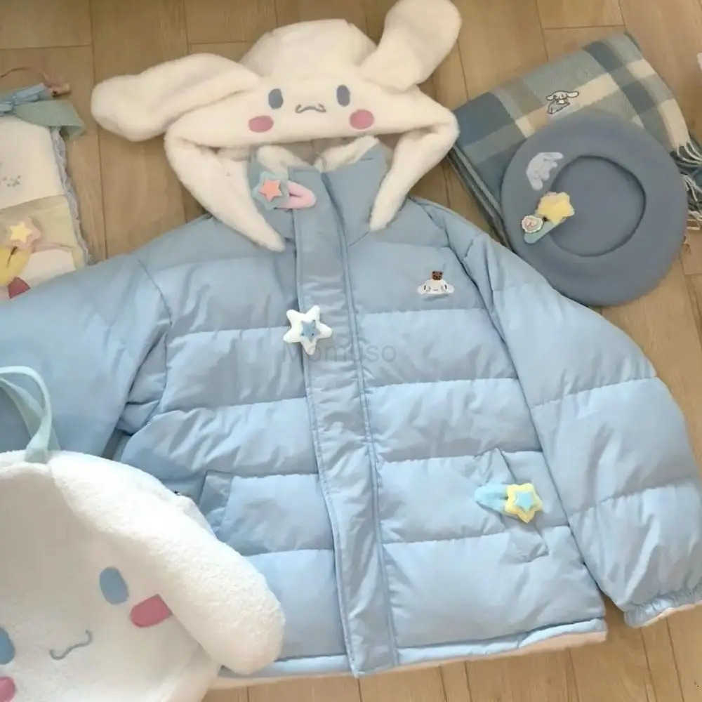 Sanrio Sanrios Hello Kitty Reversible Winter Women Down Jacket Cinnamoroll Thicken Coat Anime Kawaii Girls Warm Cotton Clothes Tops H251104