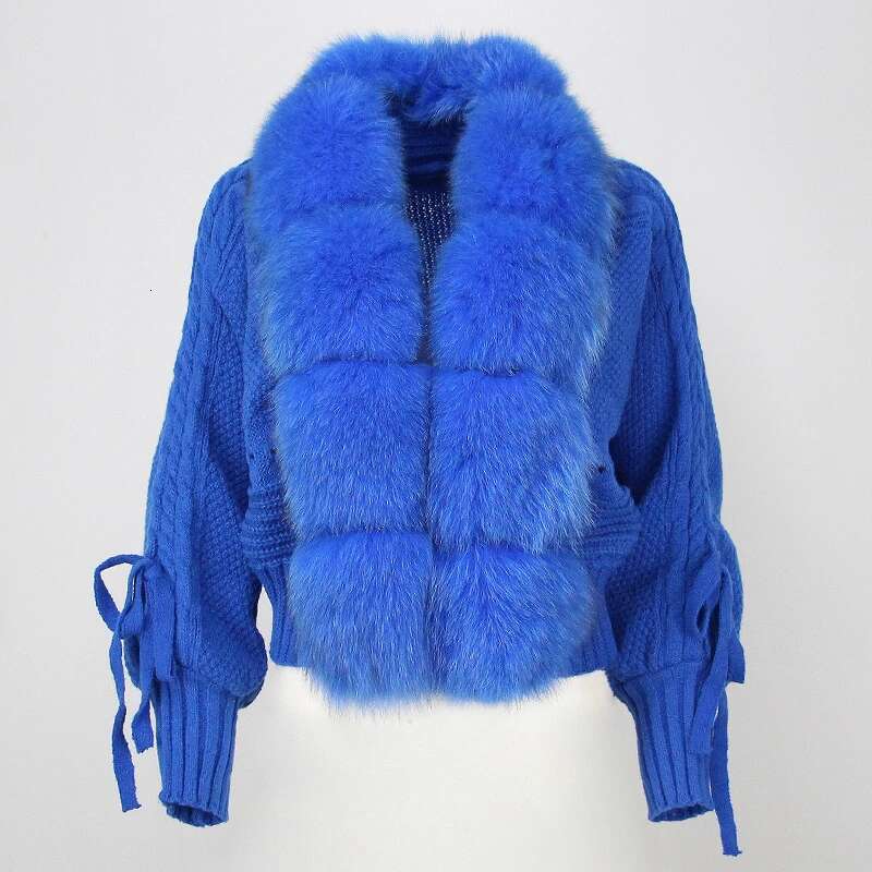 2023 Winter Women Casual Real Fox Collar New Fashion Short Warm Loose Knitted Jacket With Natural Fur Placket Coat