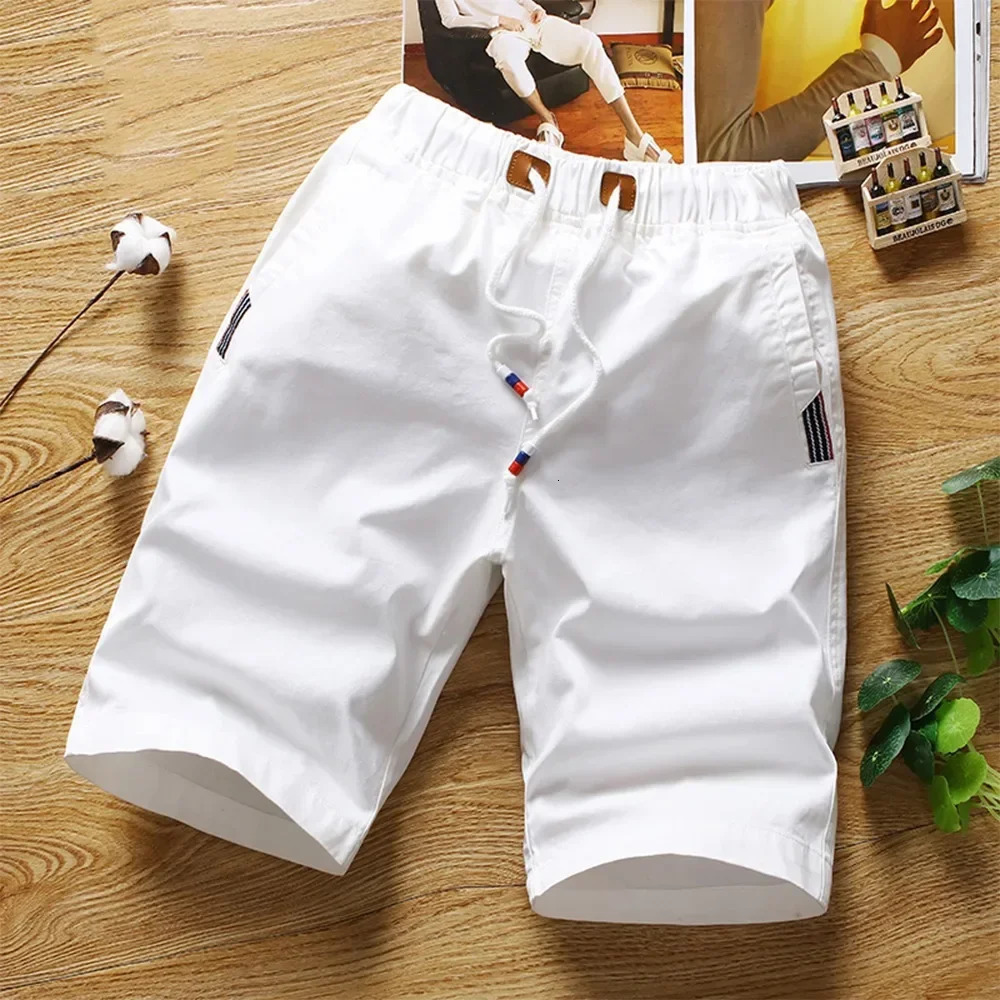 White shorts mens cotton casual Bermuda summer slim fit dress drawstring soft touch and comfortable pants for daily wear 250403e