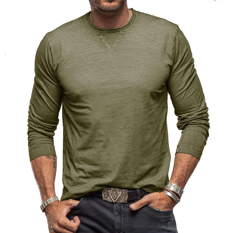 autumn and winter long sleeved round neck T-shirt men's earth pure cotton base shirt top 2025 new casual fashion trend clothing