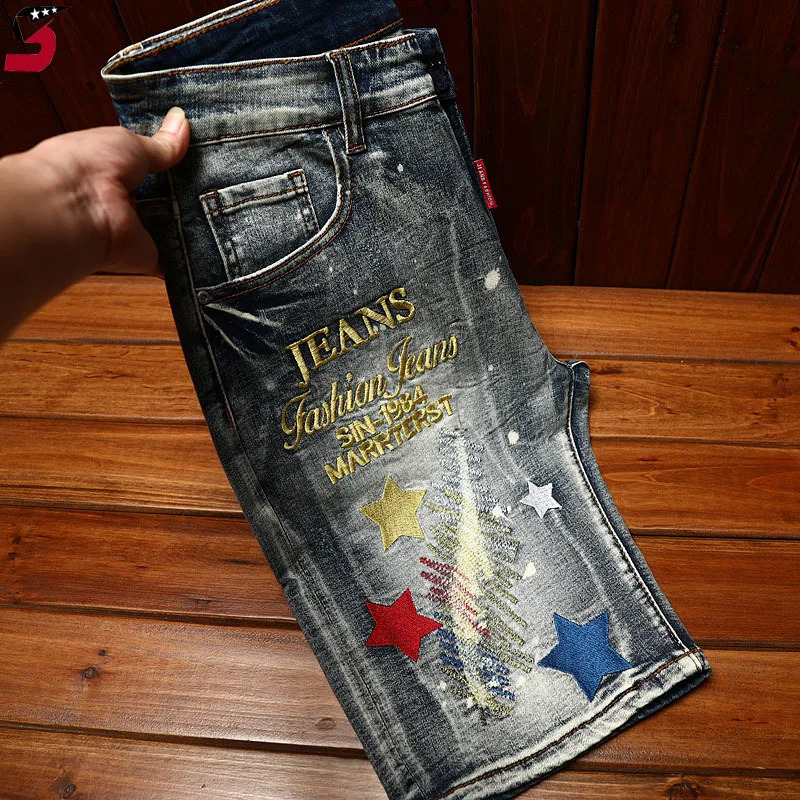 High end fashion ripped denim shorts mens summer embroidery trend retro Distressed fashion casual motorcycle shorts 250402