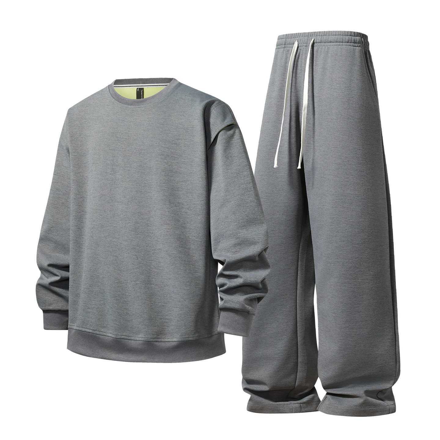 Mens Soft Casual Tracksuit Solid Color Athletic Set Spring Autumn Sportswear Round Neck Loose Fit Comfortable Outfit J251104