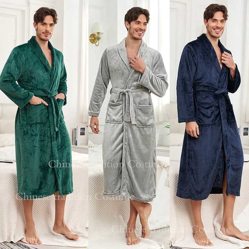 Winter Homewear Bathrobe Gown Shower Solid Color Sleepwear with Pocket Mens Robe Flannel Kimono Nightwear Loose Loungewear C251104