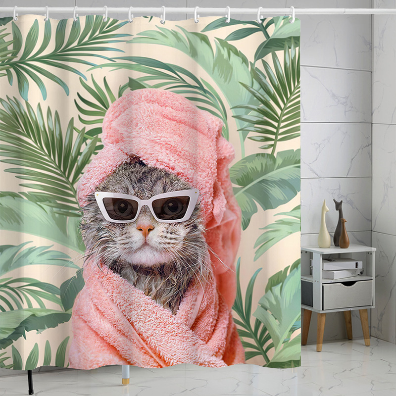 YL-37624 Popular 3D Digital Shower Curtain with Kitty Shower Design, Bathroom Dry and Wet Separation, Polyester with Hooks