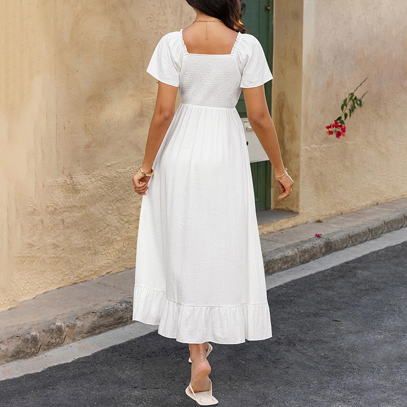 2025 New Fashionable Casual and Elegant V-neck Lace up Large Swing Dress for Womens Summer Style