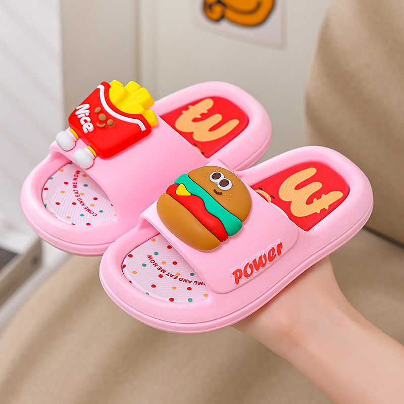 New childrens slippers cartoon burger for girls indoor and home use soft bottom non slip mens one-piece slippers for outdoor wear J250403