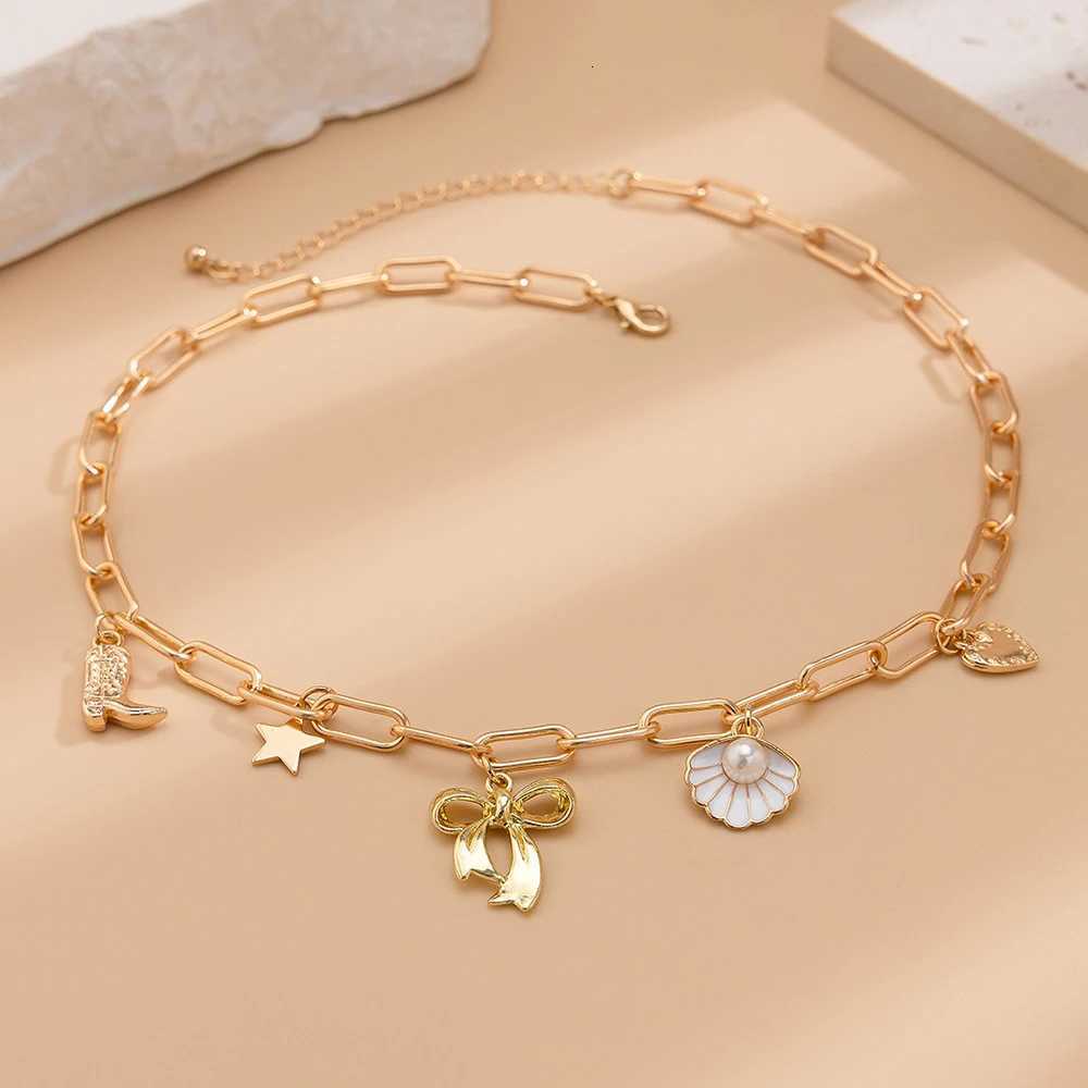 Exquisite Charms Pearl Pendant Necklace for Women Stainless Steel Gold Color Bow Charm Choker Conch Shell Fashion Jewelry GiftsXJ251104