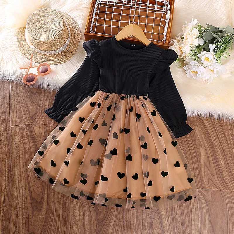 Dress Kids Girls 4-7 Years Black Long Sleeve Knitted Mesh Patchwork Dress For Girls Baby Girls Birthday Party Evening Dress C251104