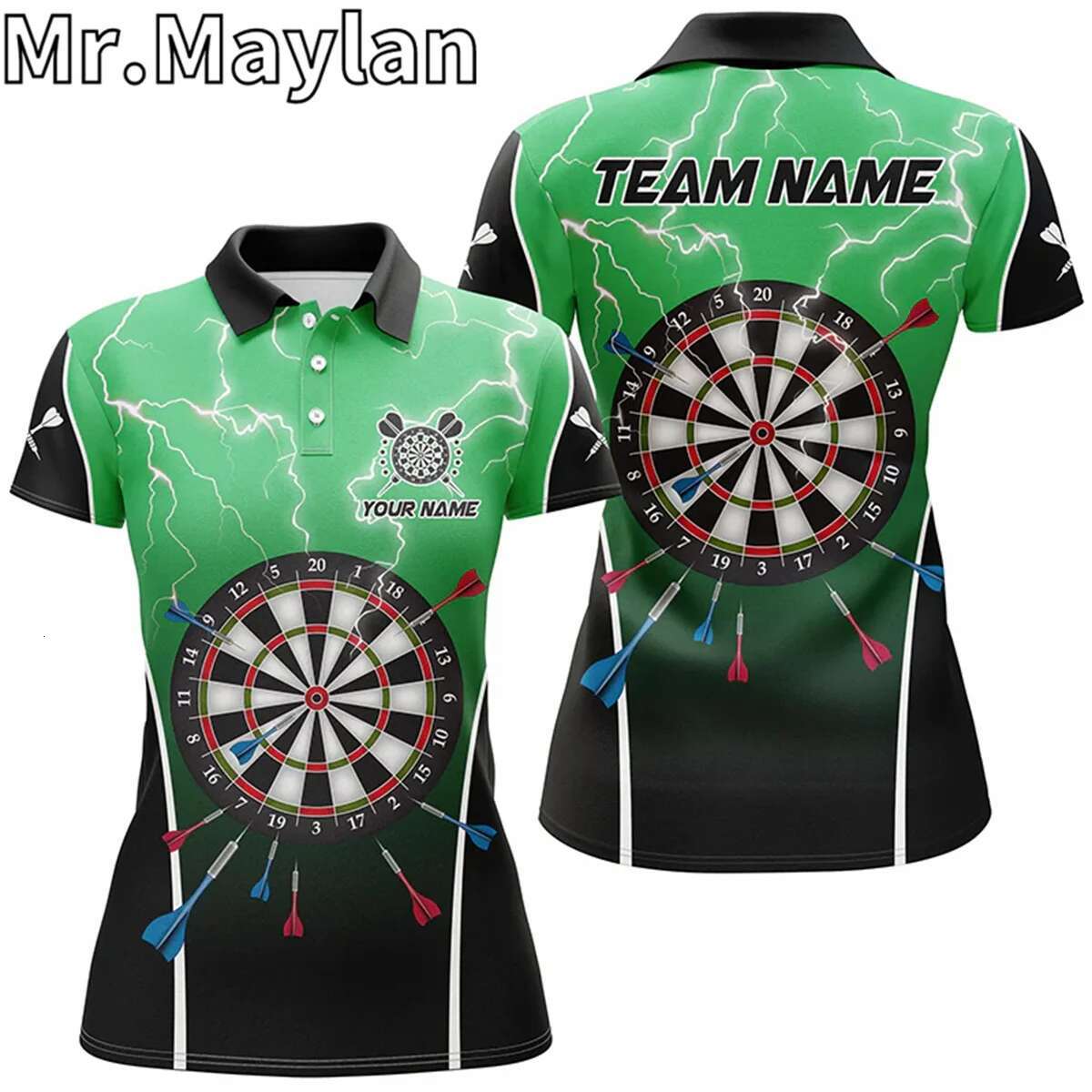 Personalized Lighing Thunder Dartboard Green 3D Polo Shirts Women Custom Darts Team Jerseys Gift For Dart Lovers