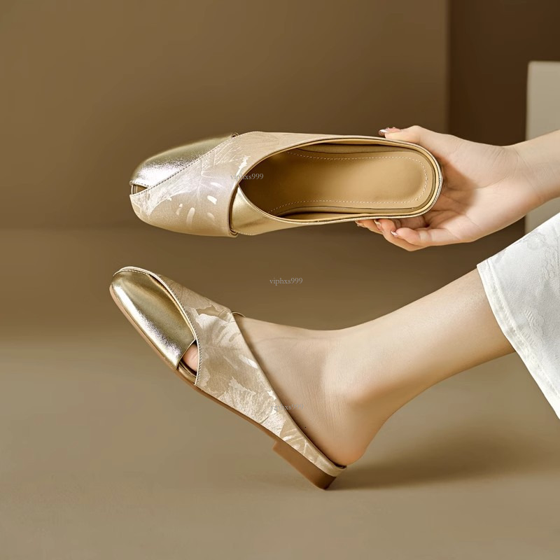 New Designer Sandals With Free Semi Dragged Women's Summer Soft Leather National Style Printed Color Blocked Square Head Hollow Flat Bottom Lazy 