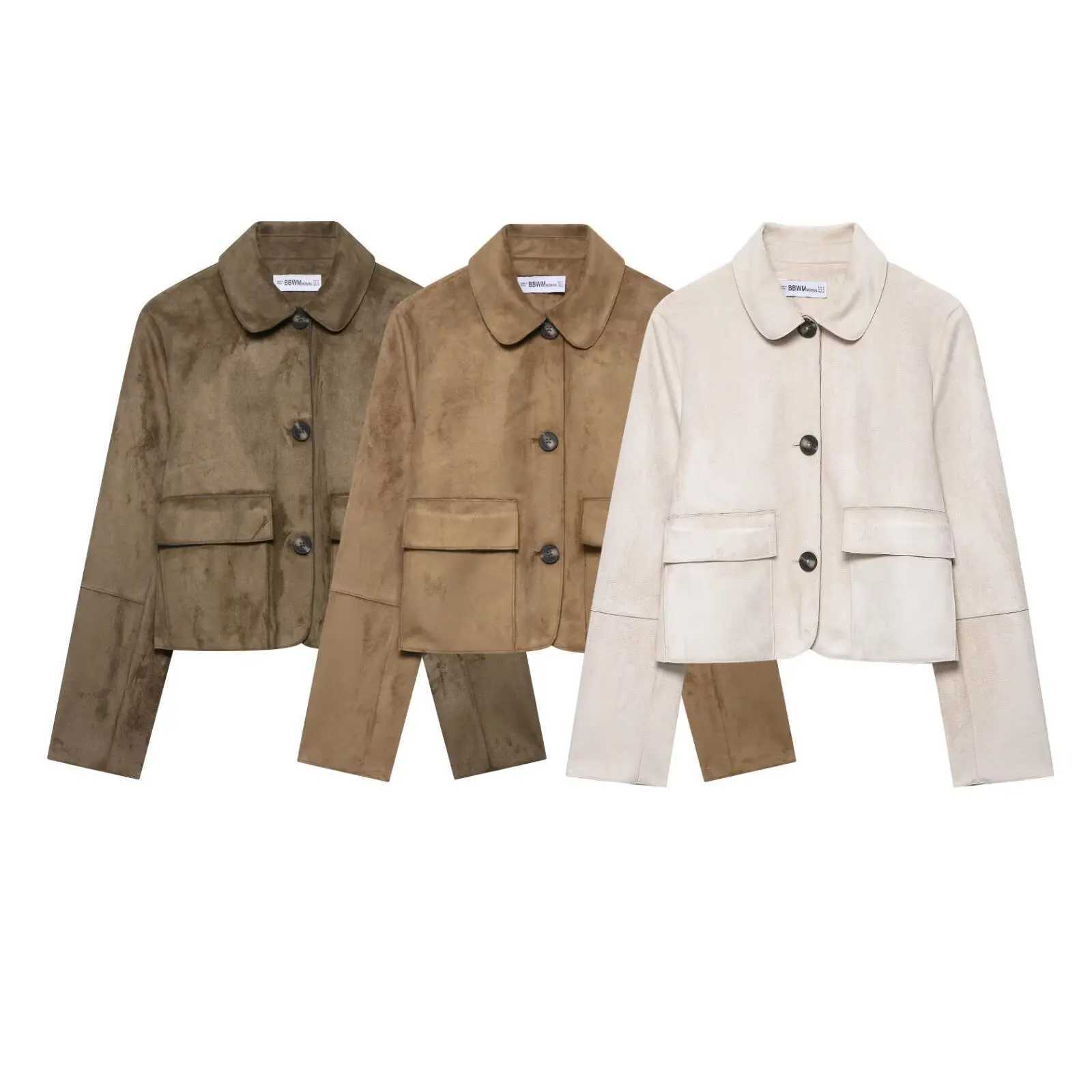 Suede Jacket For Womens Autumn Street Vintage Casual Pockets Coat Solid Lapel Long Sleeve Fashion Short Jackets J251103