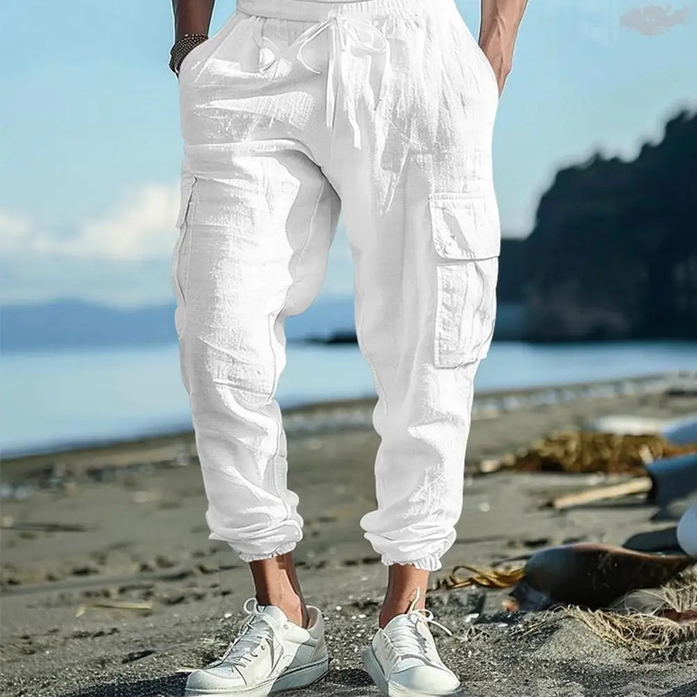 Lightweight Summer Trousers Men Linen Pants Breathable Mens Linen Jogger Pants with Drawstring Waist for Summer for Beach 250402