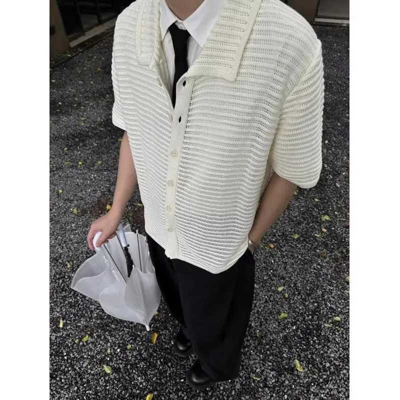 Summer Trendy Hip Hop Personalized Hollow Thin Knitted Short Sleeve Shirt for Men and Women Loose Retro Harajuku Casual Top y2k W250403