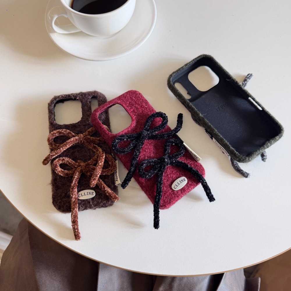 Velvet Bowknot Solid Color Phone Case Compatible with iPhone 17/16 Pro Max Simple Cartoon iPhone 15/14 Pro Shockproof