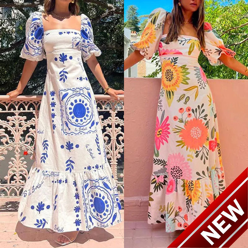 2025 Early Spring New Fashionable Womens Wear Elegant Square Collar Large Pendulum Splicing Short Sleeve Dress