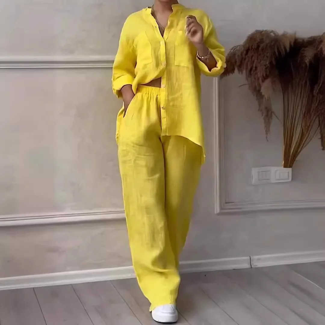 Pant Sets Women Two-piece Set Cotton And Linen Shirt Set High Waisted Loose Pants Elegant Summer Novelty 2024250403
