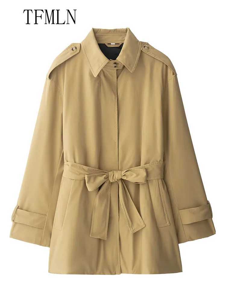 2025 Autumn Women Causal Jackets With Belt Fashion Turn Down Collar Single Breasted Loose Coats Vintage Solid Chic Streetwear J251103