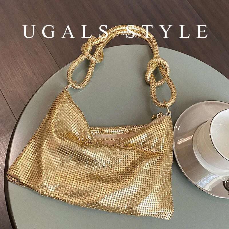 Fashion Metal Mesh Women Shoulder Bags Designer Gold Handbags Shinny Knot Strap Evening Bag Glitter Large Tote Party Purse 2023