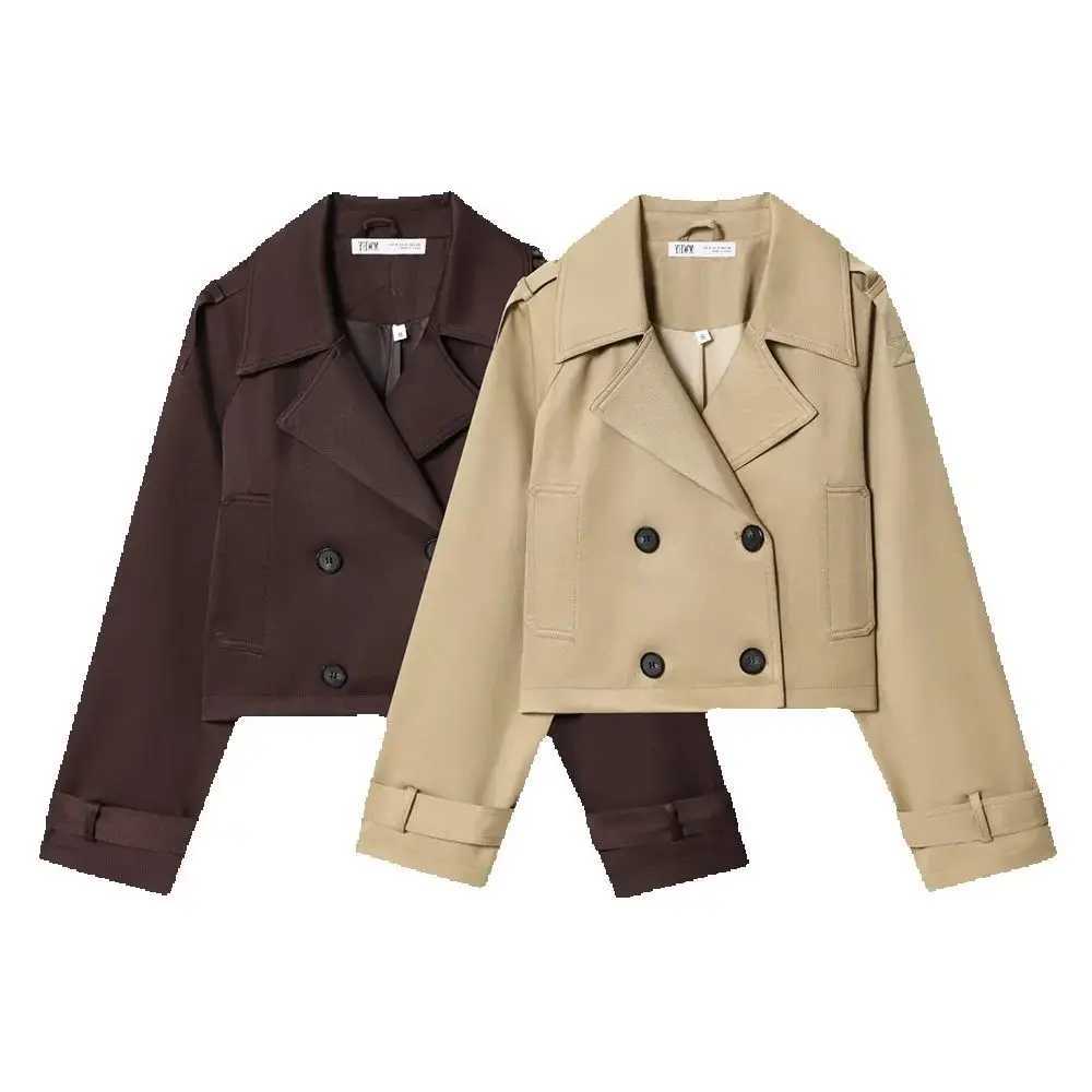 Autumn new womens casual temperament simple lapel long sleeved double breasted short windbreaker J251103