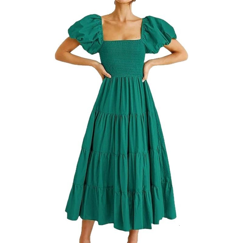 2025 Womens Loose Casual Bubble Sleeve Long Solid Color Dress