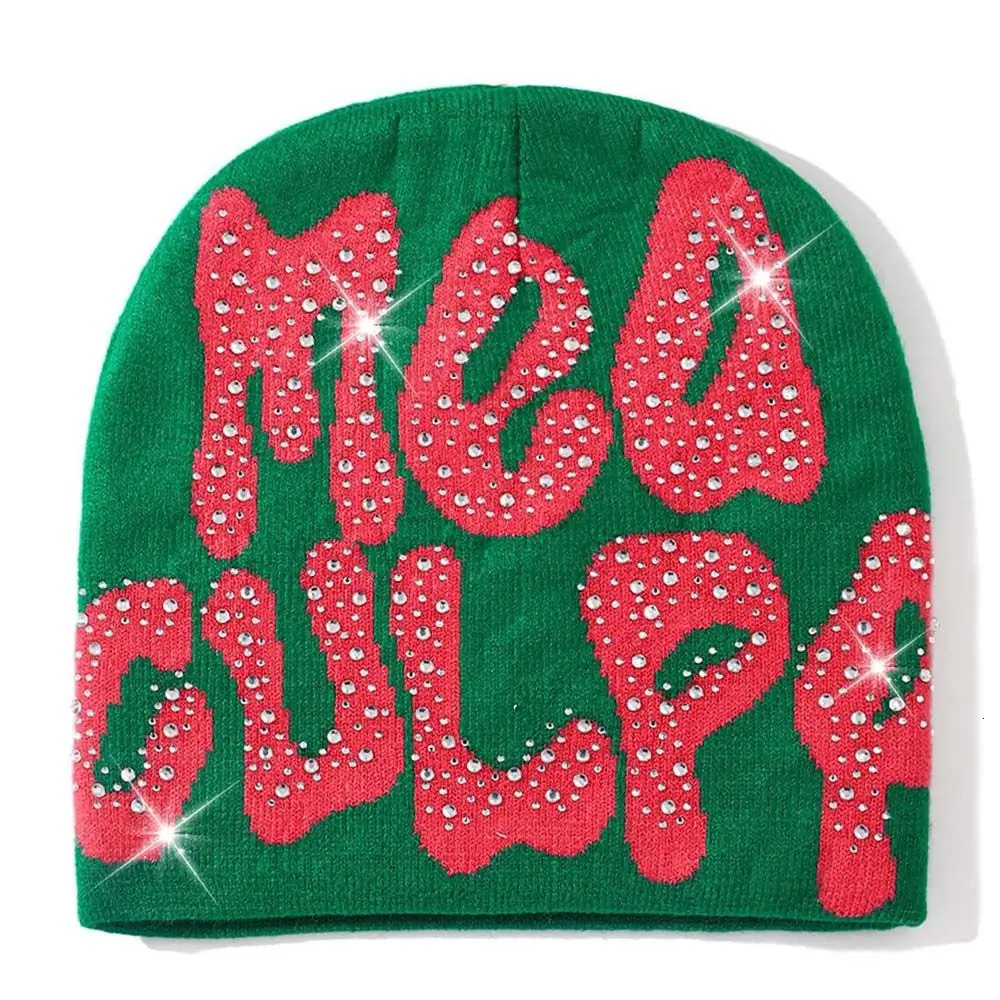 MEA Culpa Beanies Hat with Rhinestone Women Men Fashion Trendy Y2k Beanies Hiphop Hat Soft Elastic Warm Knitted Slouchy Cap 251103