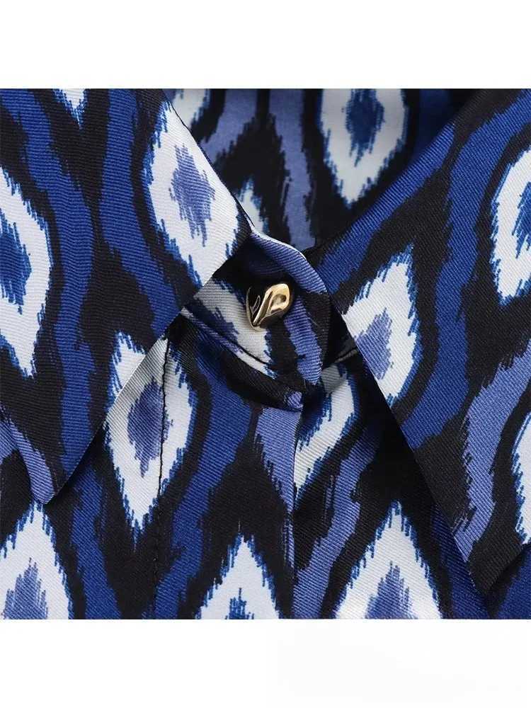 Designer KONDALA Vintage Blue Geometric Print Women Suits Long Sleeve Loose ShirtsHigh Waist Wide Leg Pants Fashion 2025 Holiday Suits Y251104