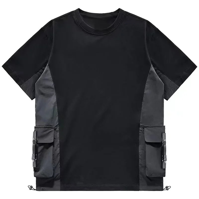 Summer heavy industrial short sleeved T-shirt for men with multiple functional pockets color matching half sleeved T-shirt INS fashion 250403