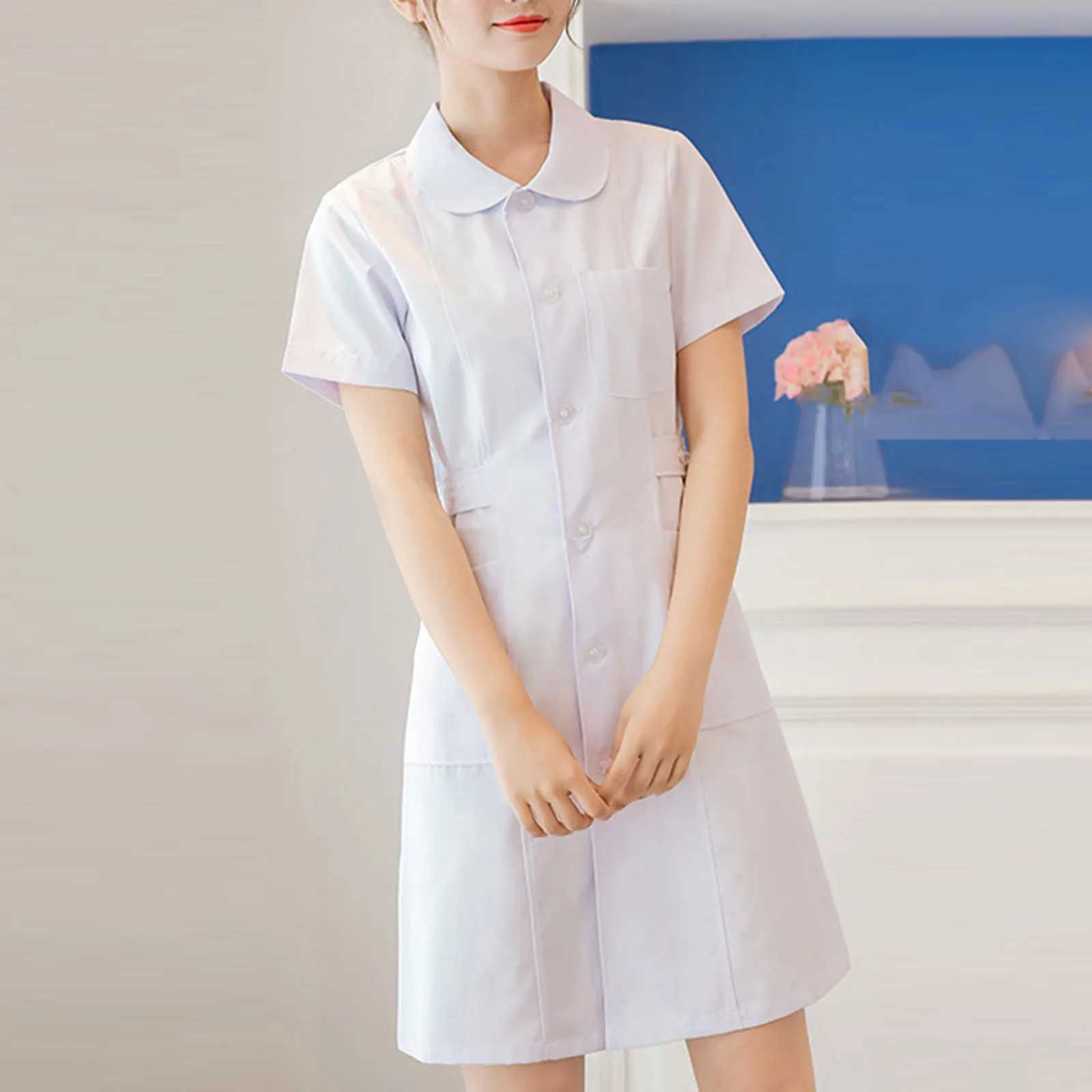 Womens Fashion Caring Nurse Uniform Hospital Pharmacy Doctor Work Uniform Lightweight Short Sleeve Slim Fit Workwear Dress W251104