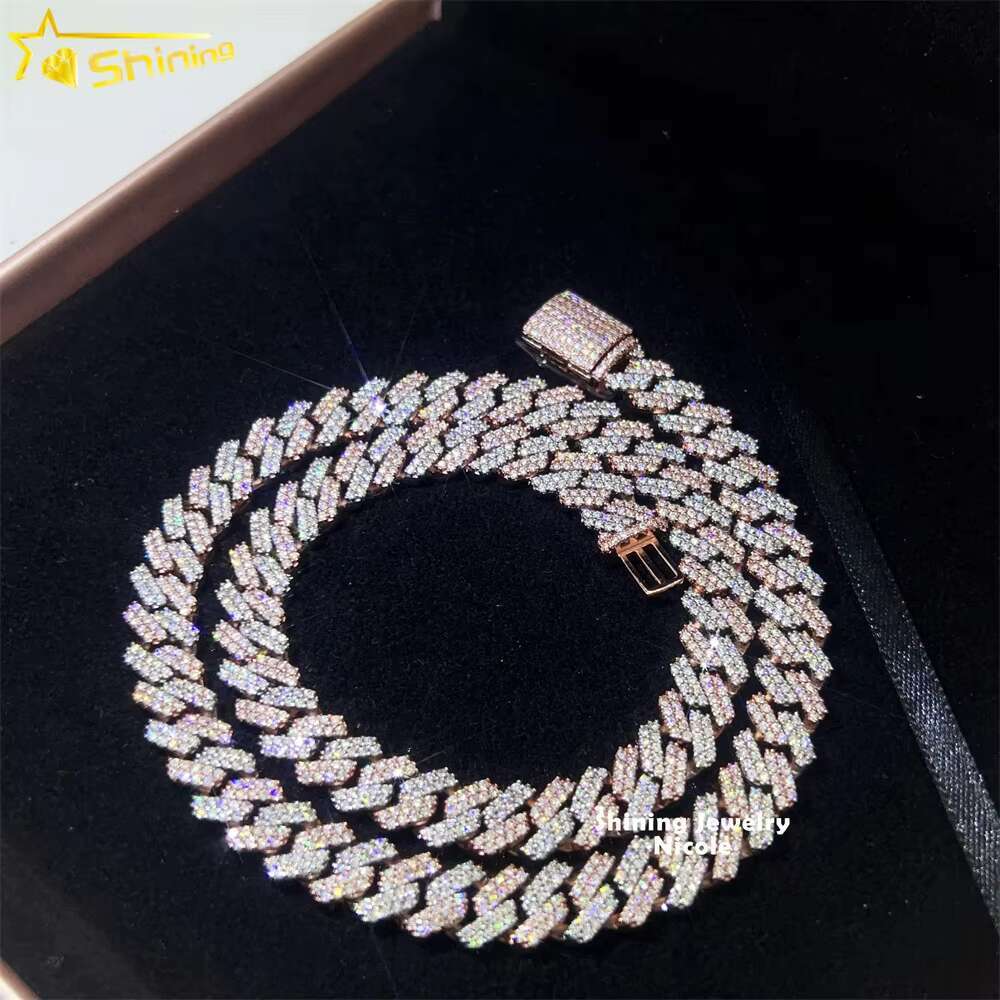 Two Tone Color Rose Gold White Gold 10mm Custom Hip Hop Silver Moissanite Miami Iced Out Cuban Link Chain