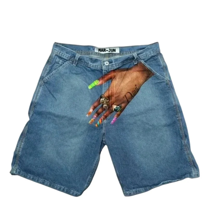 Retro hip-hop blue pocket handprint mens denim shorts Y2K Gothic Harajuku sports pants shorts pants 250402