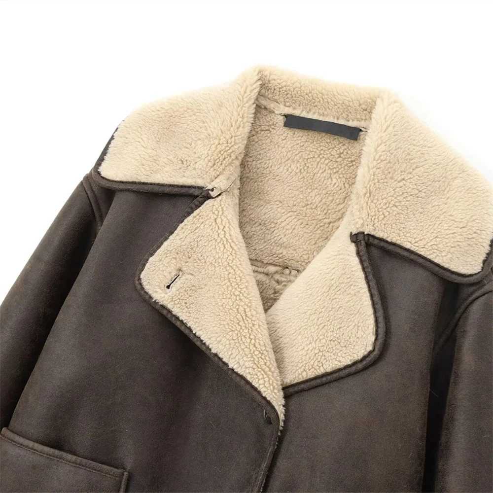 Pocket Decor Single breasted Warm Coat AutumnWinter Fleece Collar Long Sleeve Womens Jacket Coat J251103