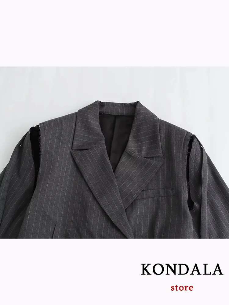 KONDALA Casual Black Striped Women Suit V Neck Single Button Blazer Straight Loose Pants Fashion 2023 Autumn Office Lady Set