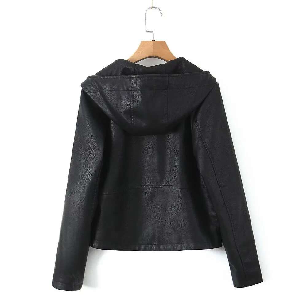 Autumn New Women's Fashion Casual Joker Temperament Commuting Slim Zipper Hooded Leather Jacket.